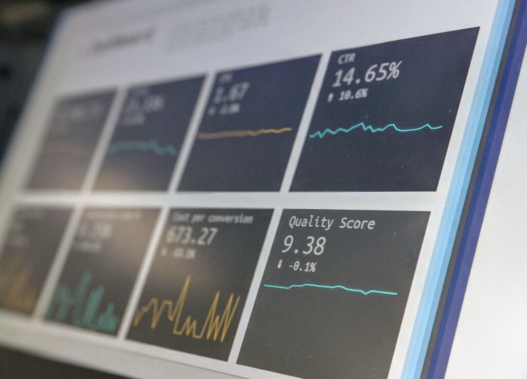 Data reporting dashboard on a laptop screen showing business analytics