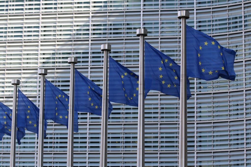 EU flags at the European Commission Berlaymont building in Brussels