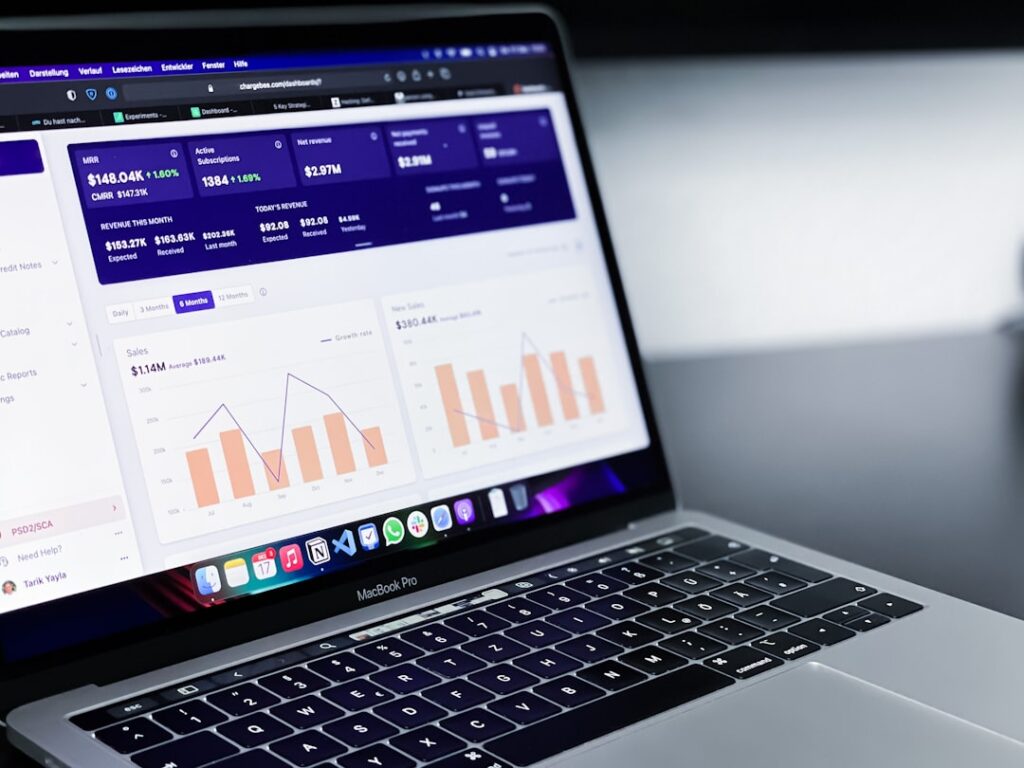 Laptop displaying performance analytics dashboard for business finance software